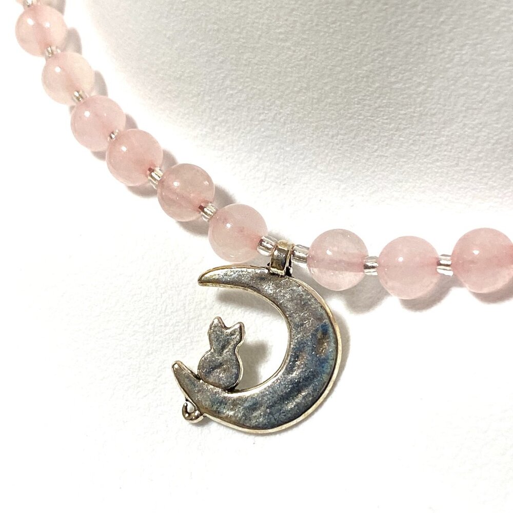 Pink Genuine Gemstone Rose Quartz Silver Cat on the Moon Beaded Short Necklace